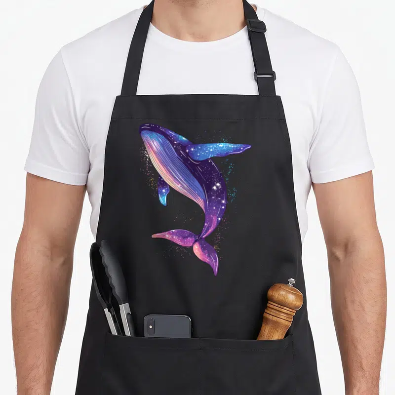 Tablier de cuisine noir avec une illustration d'une baleine aux couleurs galactiques violettes et roses sur fond uni gris.