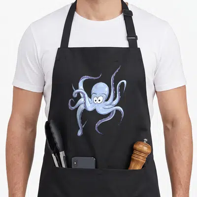Tablier de cuisine noir avec illustration d'un poulpe bleu aux grands yeux et tentacules sinueux.