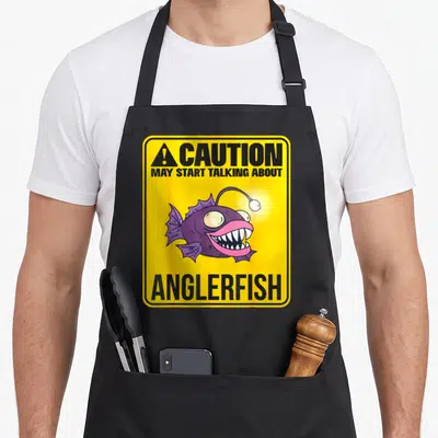 Tablier de cuisine noir avec illustration poisson anglerfish jaune et avertissement Caution May Start Talking About Anglerfish en lettres noires.