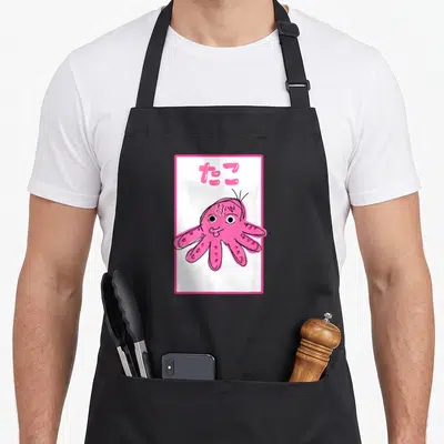 Tablier de cuisine noir avec illustration octopus rose style anime Harajuku et texte japonais tako en haut.