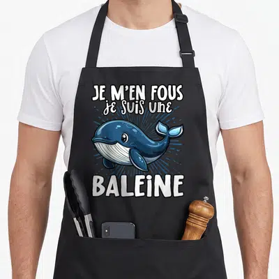 Tablier de cuisine noir avec une baleine bleue mignonne et le texte Je m'en fous je suis une baleine imprimé en blanc.