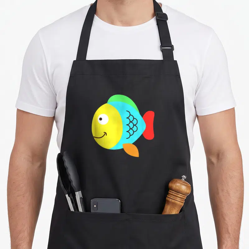 Tablier de cuisine noir avec un poisson coloré aux couleurs vives et au visage souriant.