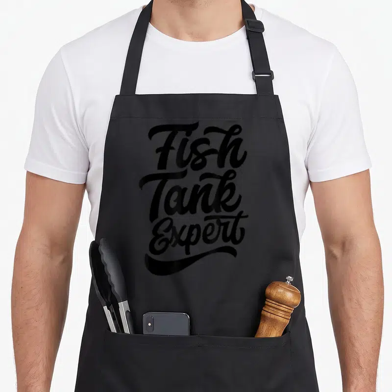 Tablier de cuisine noir avec typographie calligraphique noire Fish Tank Expert centrée sur le devant.