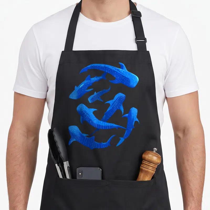 Tablier de cuisine noir avec illustration de plusieurs requins baleines bleus et pois blancs.