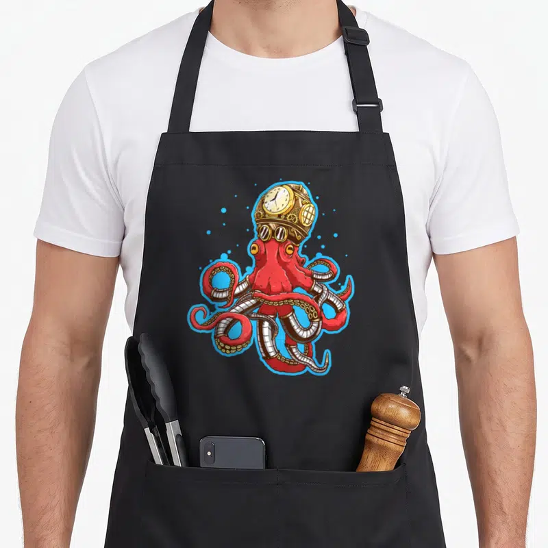 Tablier de cuisine noir avec illustration d'un poulpe rouge portant un casque horloge doré et des tentacules métalliques.