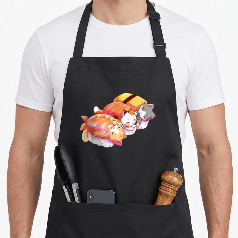 Tablier de cuisine noir avec trois chats kawaii stylisés en sushi aux couleurs pastels et éclats scintillants.