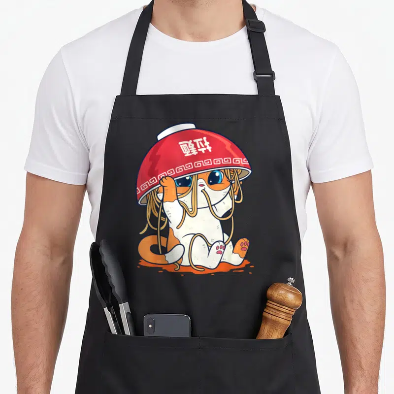 Tablier de cuisine noir avec une illustration kawaii d'une fille chat coiffée d'un bol de ramen rouge