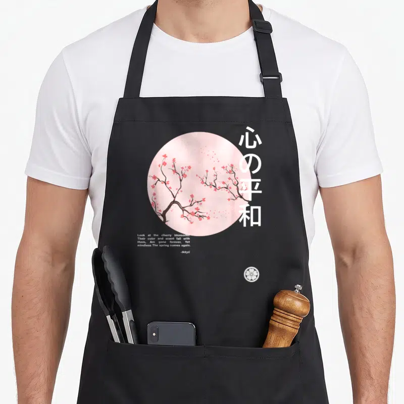 Tablier de cuisine noir avec illustration de sakura, cercle rose, kanjis et texte anglais de Ikkyû en bas à gauche.