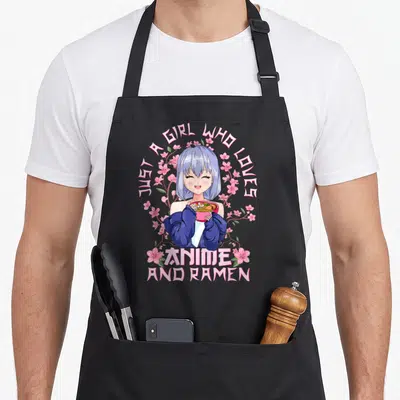 Tablier de cuisine noir avec une illustration anime d'une fille violet tenant un bol de ramen sous des fleurs de cerisier roses.