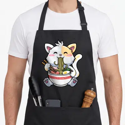 Tablier de cuisine noir avec illustration d'un chat blanc et orange mangeant des nouilles dans un bol décoré de motifs rouges.