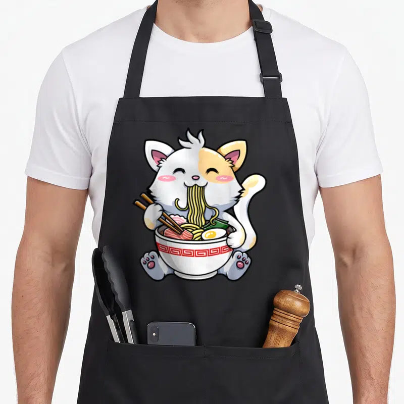Tablier de cuisine noir avec illustration d'un chat blanc et orange mangeant des nouilles dans un bol décoré de motifs rouges.