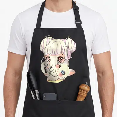 Tablier de cuisine noir avec une illustration d'une fille manga aux cheveux blancs tenant un chat blanc aux yeux bicolores.