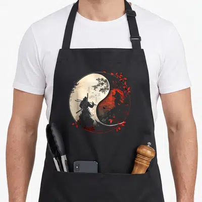 Tablier de cuisine noir avec illustration circulaire samurai, masque kitsune et feuilles rouges sur fond ying yang.