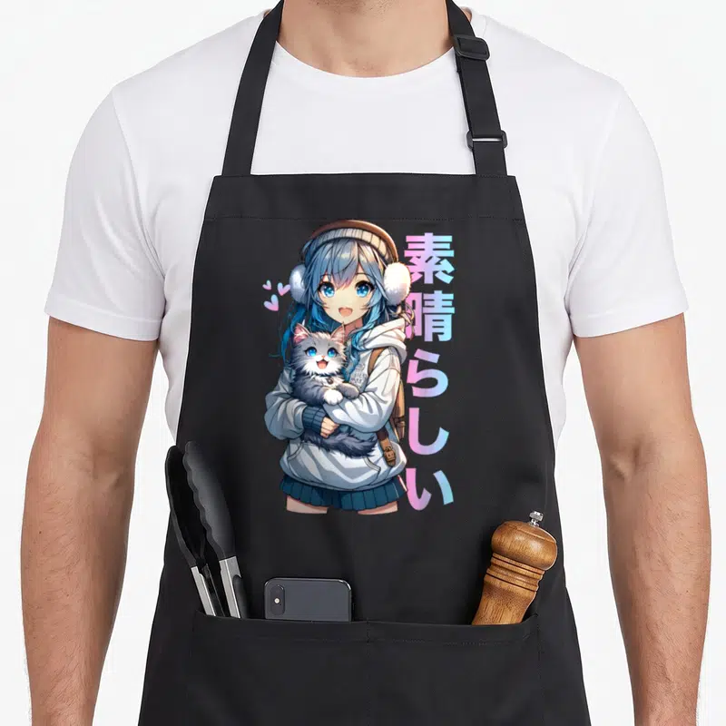 Tablier de cuisine noir avec une fille anime aux cheveux bleus tenant un chat et du texte japonais rose et bleu sur le côté.