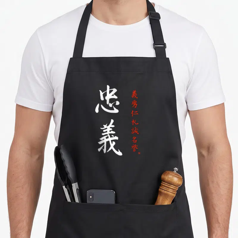 Tablier de cuisine noir avec grands caractères Kanji blancs et colonne de texte rouge représentant les valeurs du samouraï.
