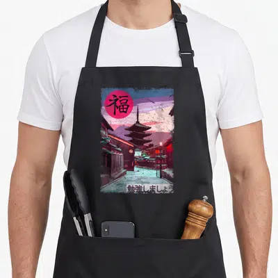 Tablier de cuisine noir avec illustration rue japonaise, pagode, soleil rose et caractères japonais en haut et bas.