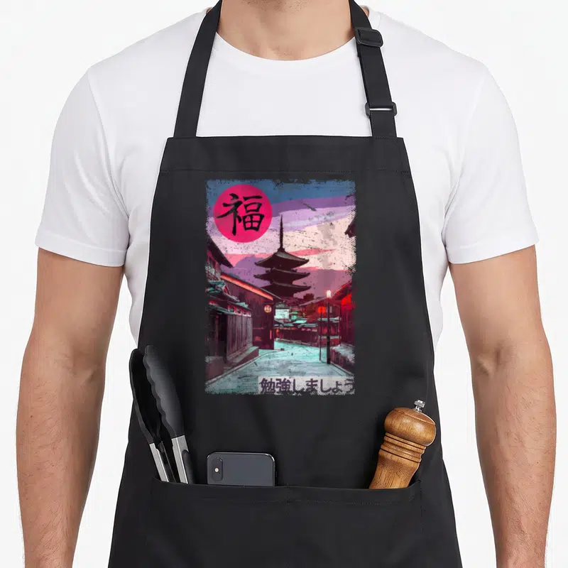 Tablier de cuisine noir avec illustration rue japonaise, pagode, soleil rose et caractères japonais en haut et bas.