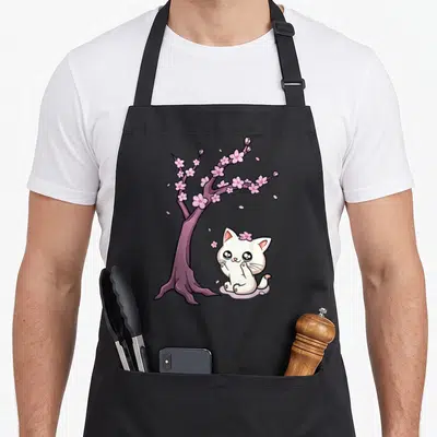Tablier de cuisine noir avec illustration d'un chat blanc kawaii près d'un arbre aux fleurs de sakura roses.