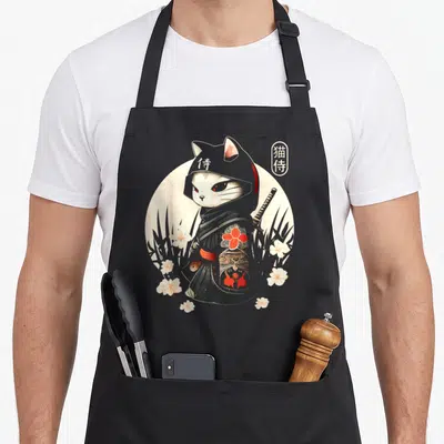 Tablier de cuisine noir avec illustration d'un chat samouraï blanc aux yeux rouges et fleurs de sakura.