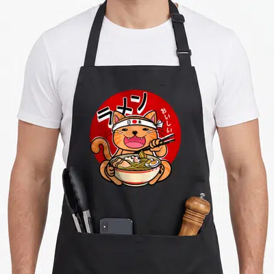 Tablier de cuisine noir avec illustration d'un chat mangeant des nouilles ramen au bol.