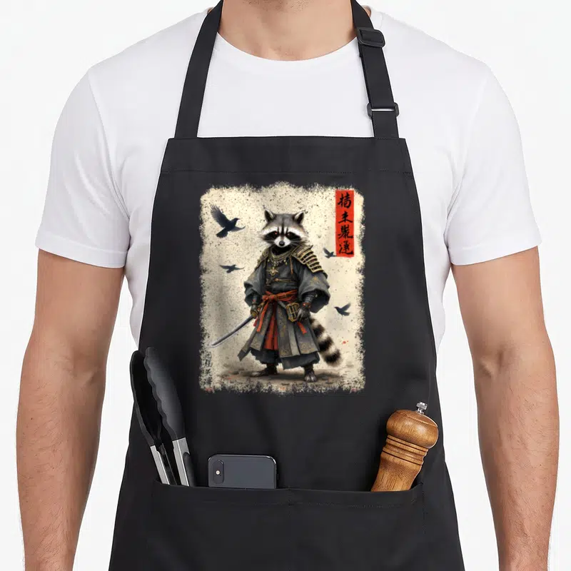 Tablier de cuisine noir avec illustration d'un samouraï raton laveur tenant une katana sous des corbeaux volants.