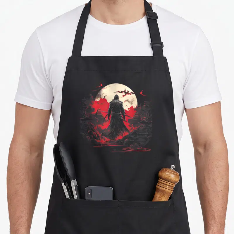 Tablier de cuisine noir avec illustration d'un samouraï de dos devant une lune rouge et des silhouettes de katana.