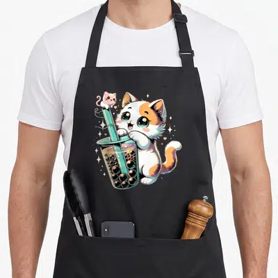 Tablier de cuisine noir avec illustration d'un chat kawaii tenant une boisson boba bubble tea.