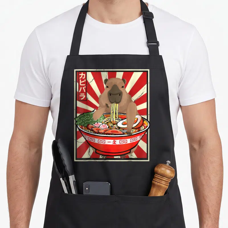 Tablier de cuisine noir avec illustration d'un capybara mangeant des nouilles ramen dans un bol rouge.