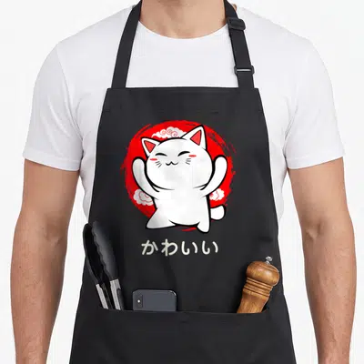 Tablier de cuisine noir avec illustration d'un chaton blanc kawaii sur fond rouge et texte japonais kawaisi