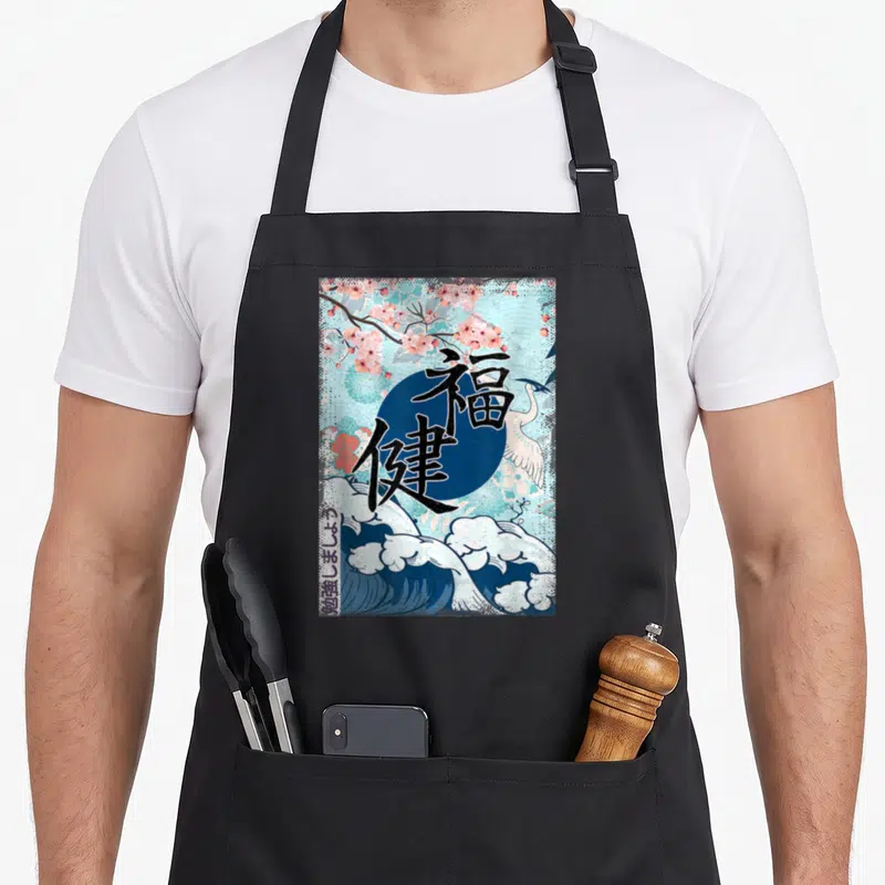 Tablier de cuisine noir avec illustration de vague japonaise, crane blanc et caractères calligraphiques noirs sur fond bleu.