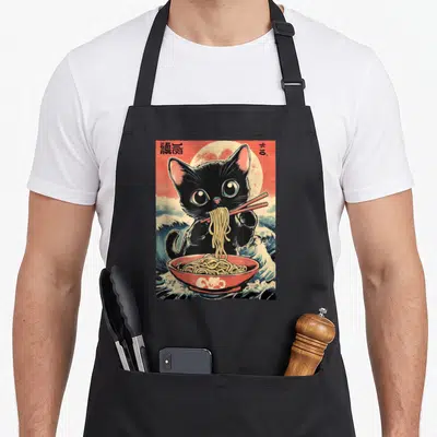 Tablier de cuisine noir avec illustration d'un chat noir mangeant du ramen dans un bol rouge sur fond de marée et lune.