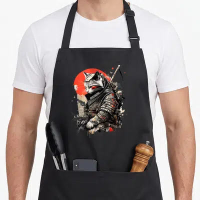 Tablier de cuisine noir avec illustration d'un chat samouraï Japonais en armure devant un soleil rouge.