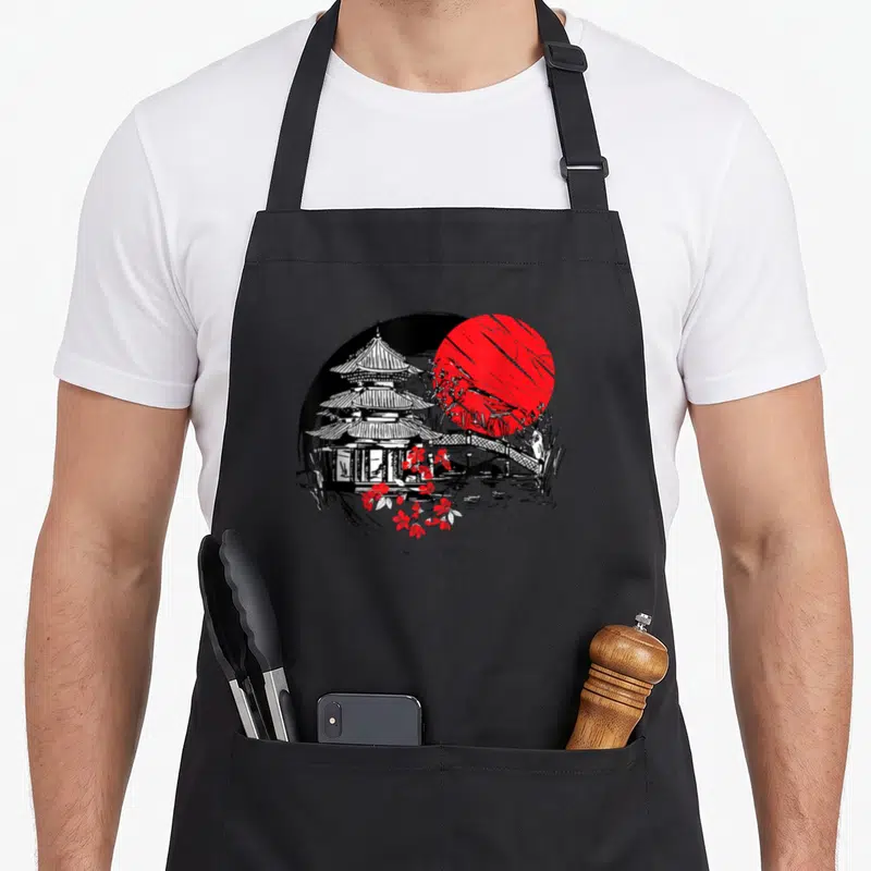 Tablier de cuisine noir avec illustration d'un temple japonais, d'un soleil rouge et de fleurs de sakura.