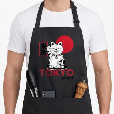 Tablier de cuisine noir avec Maneki Neko Chanceux Chat blanc, soleil rouge et texte TOKYO JAPAN en typographie rétro.
