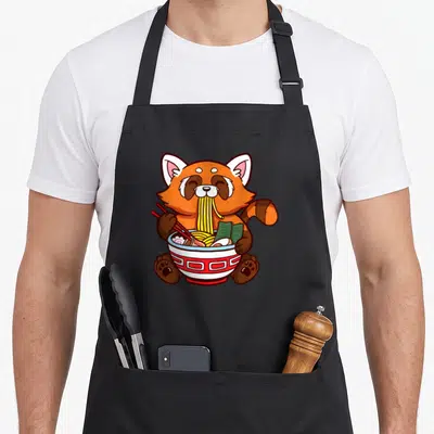 Tablier de cuisine noir avec illustration d'un petit panda mangeant du ramen avec des baguettes dans un bol décoré.