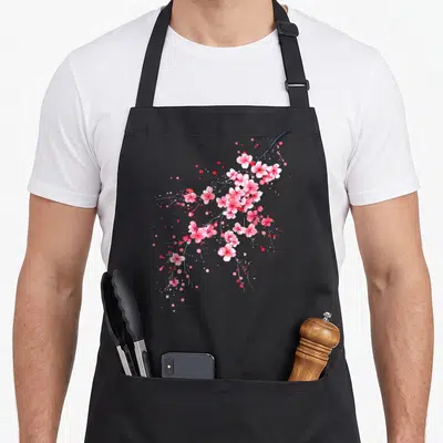 Tablier de cuisine noir avec illustration de branches de sakura roses et pétales dispersés en style vintage japonais.