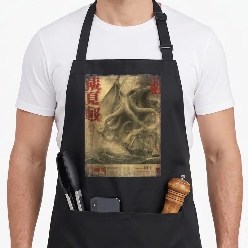 Tablier de cuisine noir avec illustration kraken vintage, idéogrammes rouges et navire en perdition sur fond vieilli.