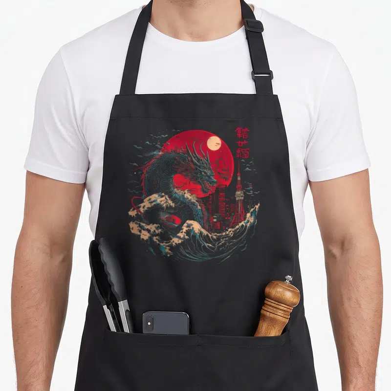 Tablier de cuisine noir avec illustration d'un dragon japonais et de la tour de Tokyo sur fond de vague rouge.