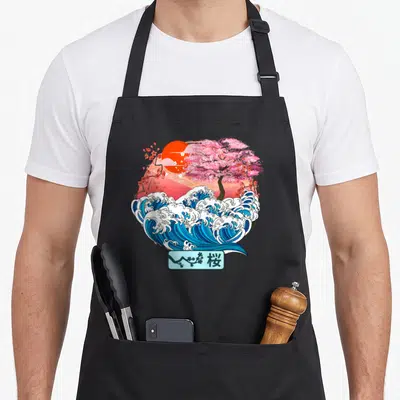Tablier de cuisine noir avec une illustration de fleurs de cerisier roses et d'une grande onde bleue style gravure japonaise.