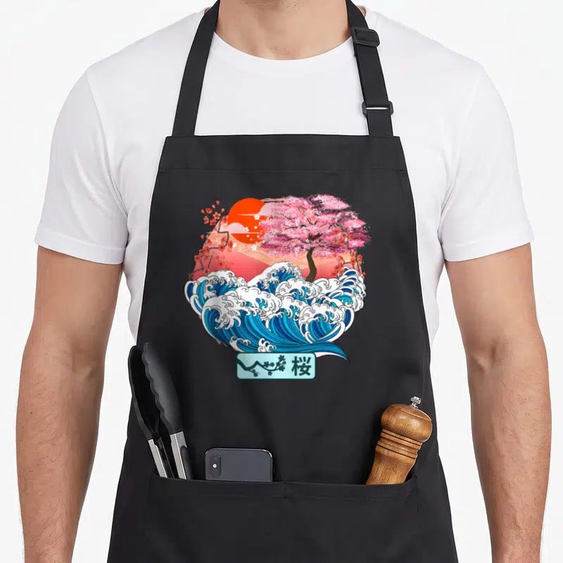 Tablier de cuisine noir avec une illustration de fleurs de cerisier roses et d'une grande onde bleue style gravure japonaise.