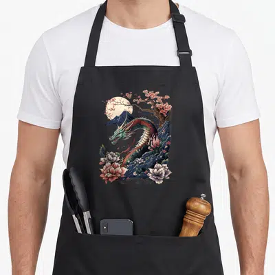 Tablier de cuisine noir avec un dragon japonais aux écailles vertes et rouges, des fleurs de sakura et une montagne en arrière-plan.