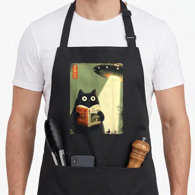 Tablier de cuisine noir avec illustration d'un chat noir lisant un livre sous un rayon lumineux d'ovni style vintage.