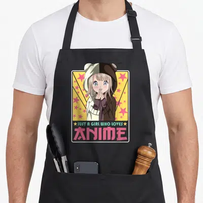 Tablier de cuisine noir avec illustration d'une fille anime en capuche ours et texte Just a girl who loves Anime.