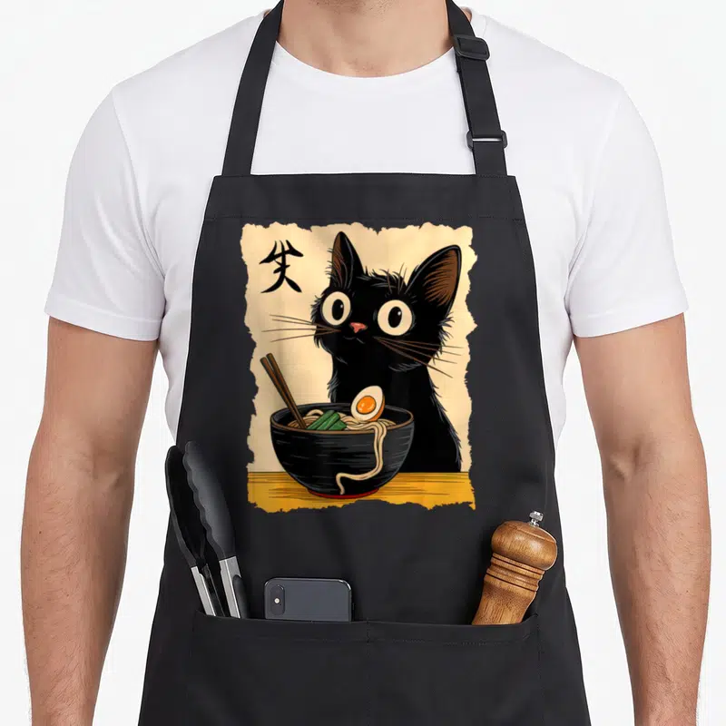 Tablier de cuisine noir avec illustration d'un chat noir mangeant du ramen dans un bol noir.