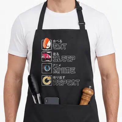 Tablier de cuisine noir avec illustrations mignon Eat Sleep Anime Repeat en style manga japonais.