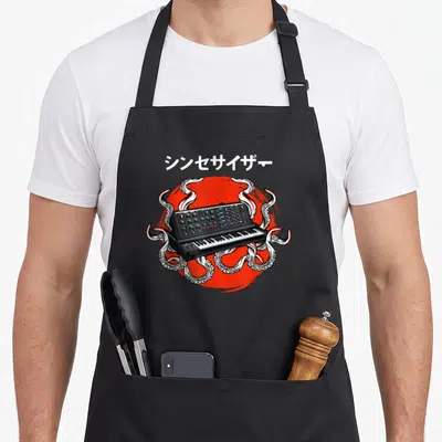 Tablier de cuisine noir avec illustration d'un synthétiseur aux tentacules de pieuvre sur fond rouge circulaire.