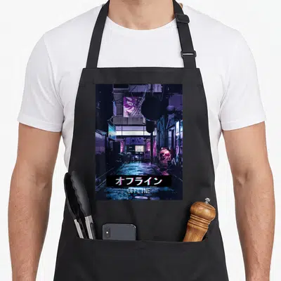 Tablier de cuisine noir avec une rue japonaise néon, une affiche manga et le mot OFFLINE en bas.