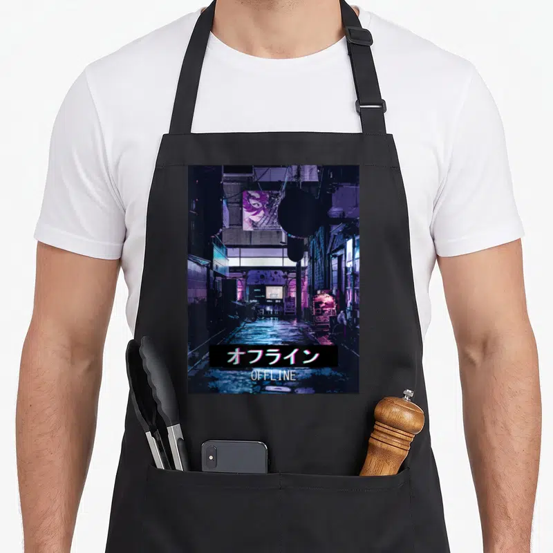 Tablier de cuisine noir avec une rue japonaise néon, une affiche manga et le mot OFFLINE en bas.