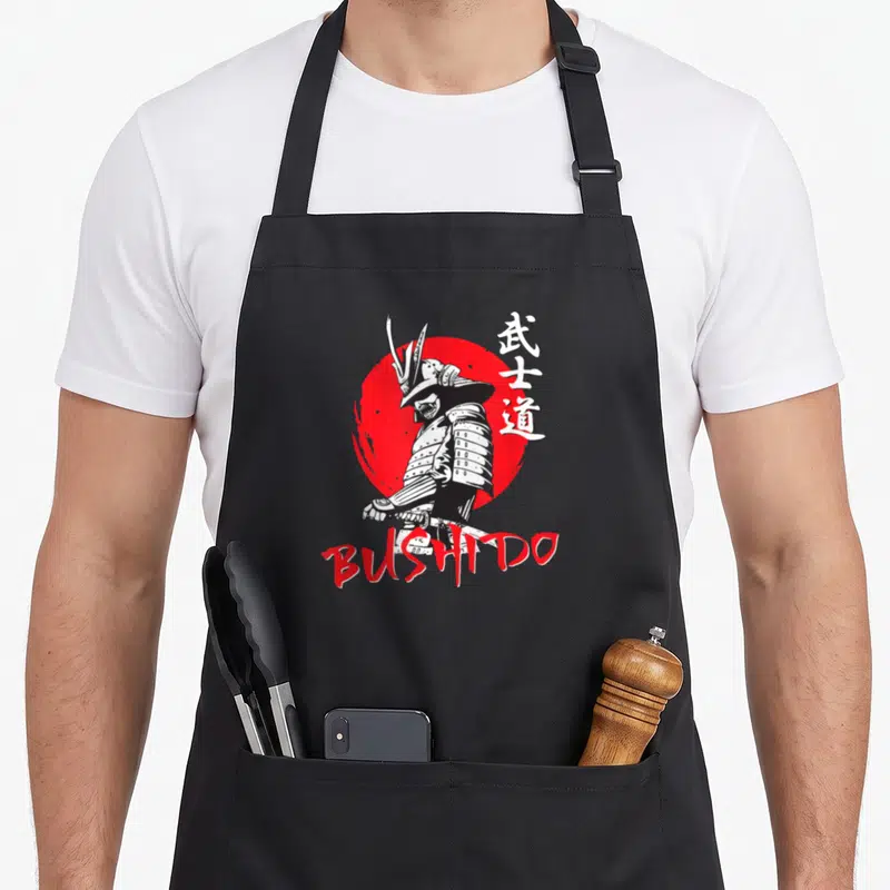 Tablier de cuisine noir avec illustration samouraï, soleil rouge et texte BUSHIDO en lettres stylisées.