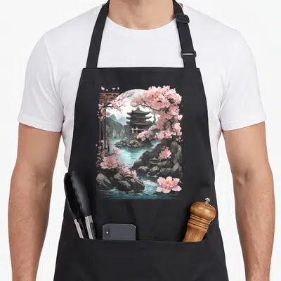 Tablier de cuisine noir avec illustration d'un temple asiatique, fleurs de cerisier Sakura roses et eaux turquoise au milieu des rochers.
